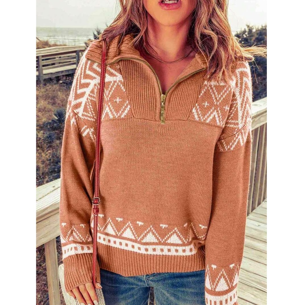 Nordic White Print on Coral Pink Thick Knit Pullover Sweater Zip Collar - Picture 6 of 8